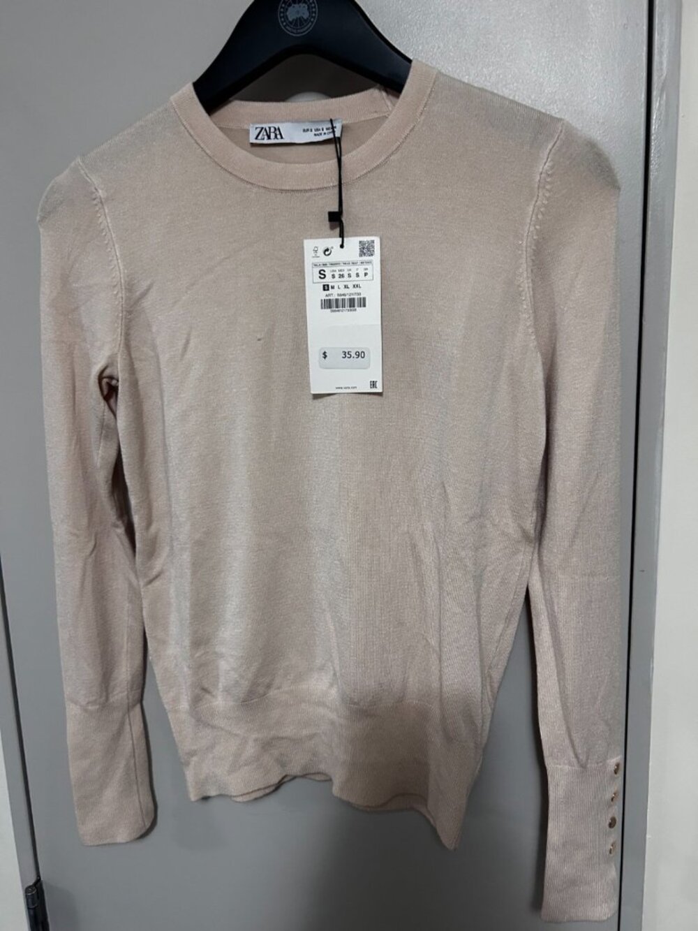 Zara Beige Knit Sweater Button Cuffs Round Neck Women's S NWT